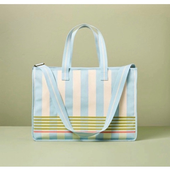 MAGNOLIA Large Canvas Tote Bag Cross Nautical Blue Stripe Farmhouse Beach Travel - Picture 2 of 11